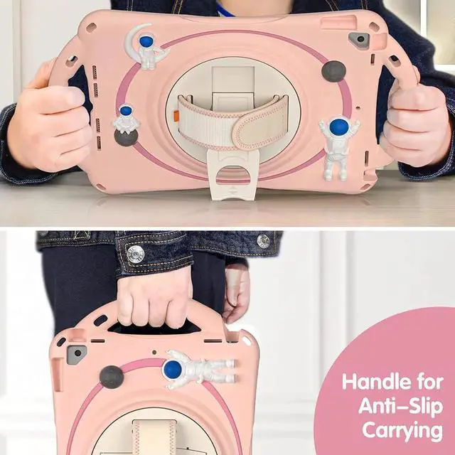 Alt view image 5 of 7 - JAENFONG Kids Case for iPad 9th 8th 7th Generation 10.2'' 2021 2020 2019/iPad Air 10.5 /Pro 10.5, Shockproof Rubber Case with Kickstand Shoulder Strap Hand Strap Handle Grip Pencil Holder, Pink