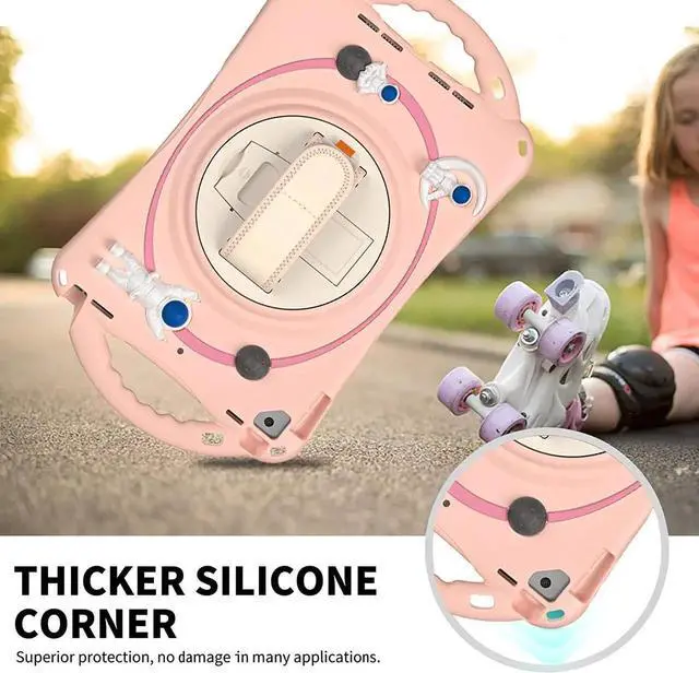 Alt view image 7 of 7 - JAENFONG Kids Case for iPad 9th 8th 7th Generation 10.2'' 2021 2020 2019/iPad Air 10.5 /Pro 10.5, Shockproof Rubber Case with Kickstand Shoulder Strap Hand Strap Handle Grip Pencil Holder, Pink