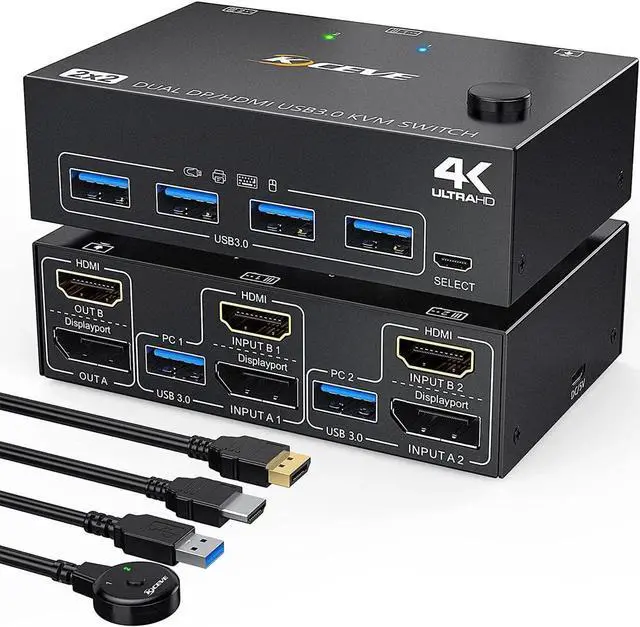 Main image of USB 3.0 Dual Monitor KVM Switch Displayport+ HDMI 4K@60Hz,2K@120Hz,HDMI DP Extended Display Switcher for 2 Computers Share 2 Monitors and 4 USB 3.0 Ports,Wired Remote and 4 Cables Included