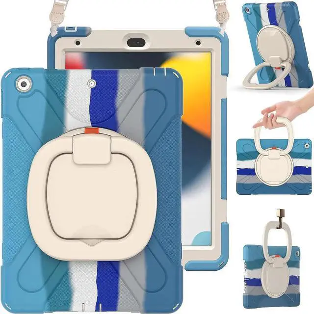 Main image of iPad 9th 8th 7th Generation 10.2 Case,Heavy Duty Silicone Case with Carrying Strap/Pencil Holder/Screen Protector/Folding Handle Grip/Kickstand for iPad 9/8/7 Gen 2021/2020/2019, Colorful Blue