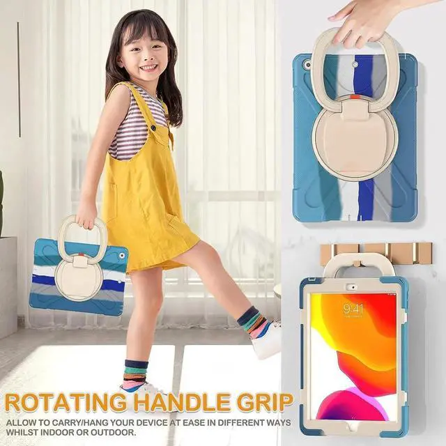 Alt view image 3 of 7 - iPad 9th 8th 7th Generation 10.2 Case,Heavy Duty Silicone Case with Carrying Strap/Pencil Holder/Screen Protector/Folding Handle Grip/Kickstand for iPad 9/8/7 Gen 2021/2020/2019, Colorful Blue