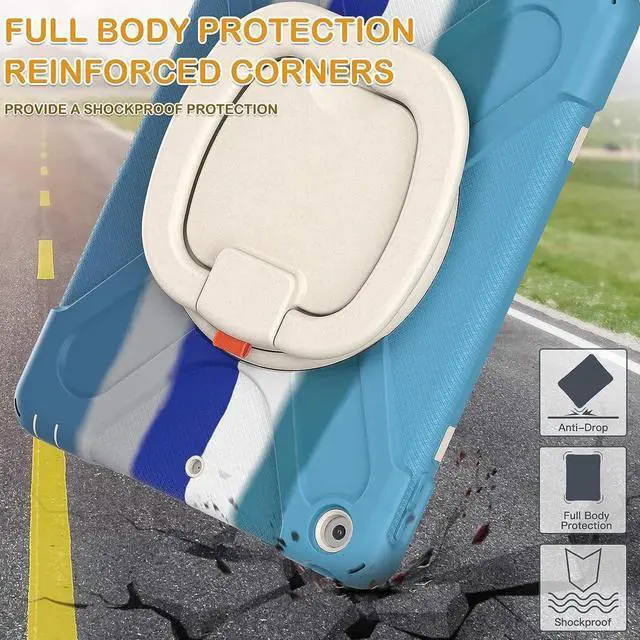 Alt view image 7 of 7 - iPad 9th 8th 7th Generation 10.2 Case,Heavy Duty Silicone Case with Carrying Strap/Pencil Holder/Screen Protector/Folding Handle Grip/Kickstand for iPad 9/8/7 Gen 2021/2020/2019, Colorful Blue