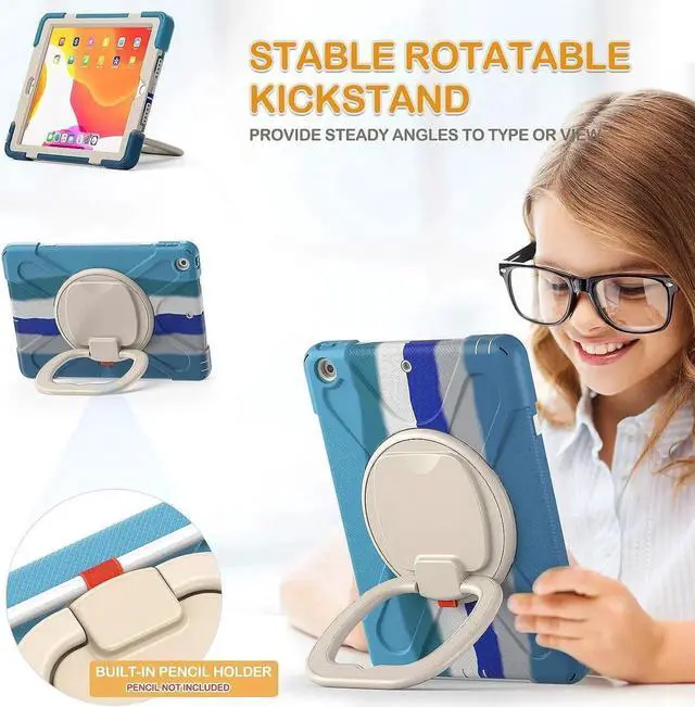 Alt view image 4 of 7 - iPad 9th 8th 7th Generation 10.2 Case,Heavy Duty Silicone Case with Carrying Strap/Pencil Holder/Screen Protector/Folding Handle Grip/Kickstand for iPad 9/8/7 Gen 2021/2020/2019, Colorful Blue