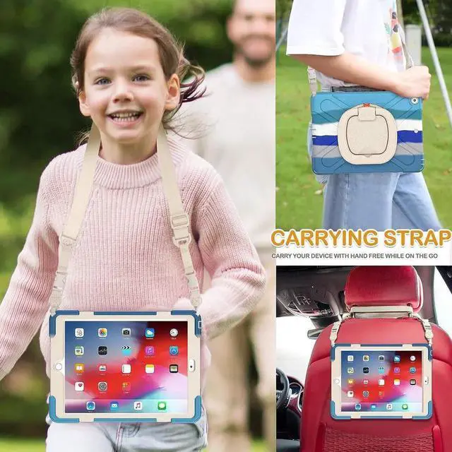 Alt view image 5 of 7 - iPad 9th 8th 7th Generation 10.2 Case,Heavy Duty Silicone Case with Carrying Strap/Pencil Holder/Screen Protector/Folding Handle Grip/Kickstand for iPad 9/8/7 Gen 2021/2020/2019, Colorful Blue
