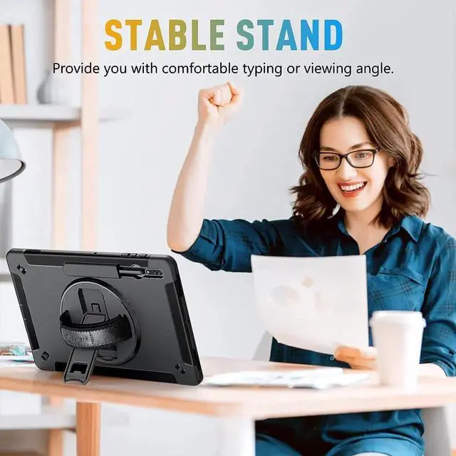Alt view image 3 of 7 - JAENFONG Galaxy Tab S8 Ultra 14.6 Inch Case: Military Grade Tab S8U Case 2022 Heavy Duty Shockproof Protective Cover-S-Pencil Holder-Rotating Stand-Hand/Shoulder Strap for Samsung Tab S8 U Black