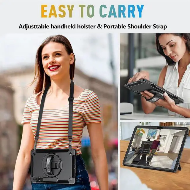 Alt view image 4 of 7 - JAENFONG Galaxy Tab S8 Ultra 14.6 Inch Case: Military Grade Tab S8U Case 2022 Heavy Duty Shockproof Protective Cover-S-Pencil Holder-Rotating Stand-Hand/Shoulder Strap for Samsung Tab S8 U Black