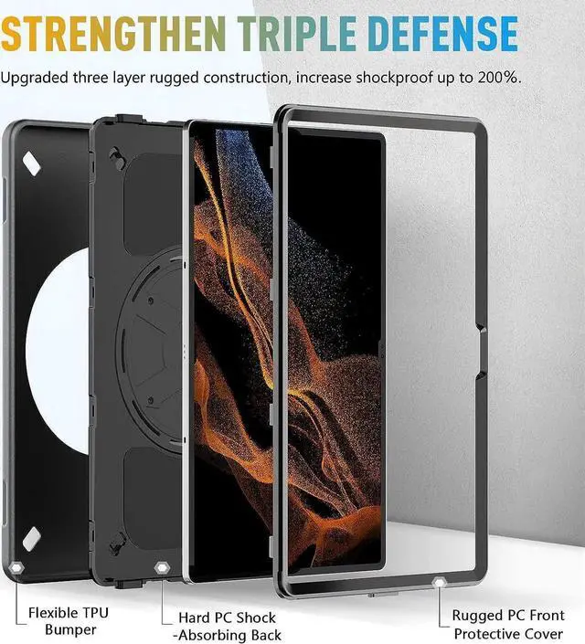 Alt view image 6 of 7 - JAENFONG Galaxy Tab S8 Ultra 14.6 Inch Case: Military Grade Tab S8U Case 2022 Heavy Duty Shockproof Protective Cover-S-Pencil Holder-Rotating Stand-Hand/Shoulder Strap for Samsung Tab S8 U Black