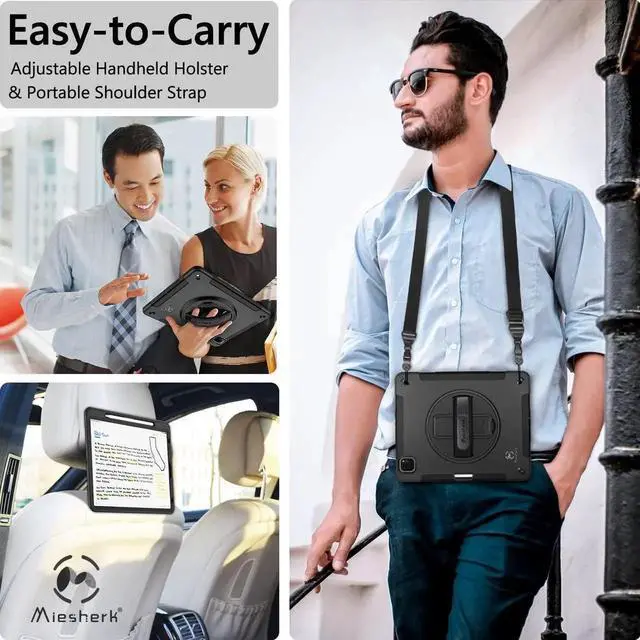 Alt view image 2 of 7 - JAENFONG iPad Pro 12.9 Case 2021/2020 with Pencil Holder, Case for iPad Pro 12.9 Inch 5th/4th Generation, Military Grade Shockproof Full-Body Protective Cover+Rotating Stand+Hand/Shoulder Strap, Black