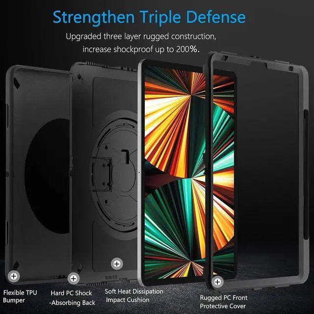 Alt view image 7 of 7 - JAENFONG iPad Pro 12.9 Case 2021/2020 with Pencil Holder, Case for iPad Pro 12.9 Inch 5th/4th Generation, Military Grade Shockproof Full-Body Protective Cover+Rotating Stand+Hand/Shoulder Strap, Black