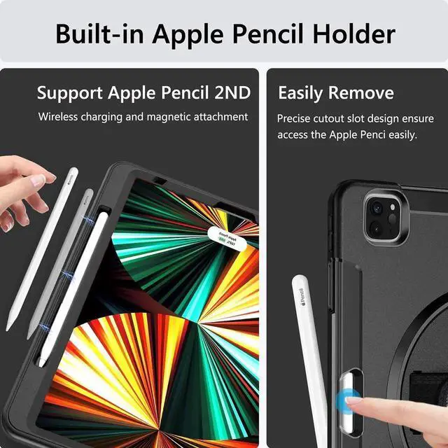 Alt view image 4 of 7 - JAENFONG iPad Pro 12.9 Case 2021/2020 with Pencil Holder, Case for iPad Pro 12.9 Inch 5th/4th Generation, Military Grade Shockproof Full-Body Protective Cover+Rotating Stand+Hand/Shoulder Strap, Black