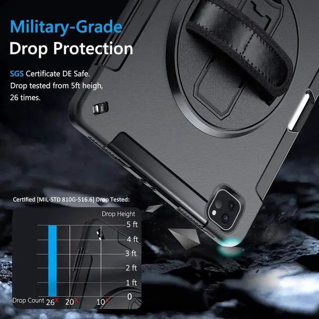 Alt view image 5 of 7 - JAENFONG iPad Pro 12.9 Case 2021/2020 with Pencil Holder, Case for iPad Pro 12.9 Inch 5th/4th Generation, Military Grade Shockproof Full-Body Protective Cover+Rotating Stand+Hand/Shoulder Strap, Black