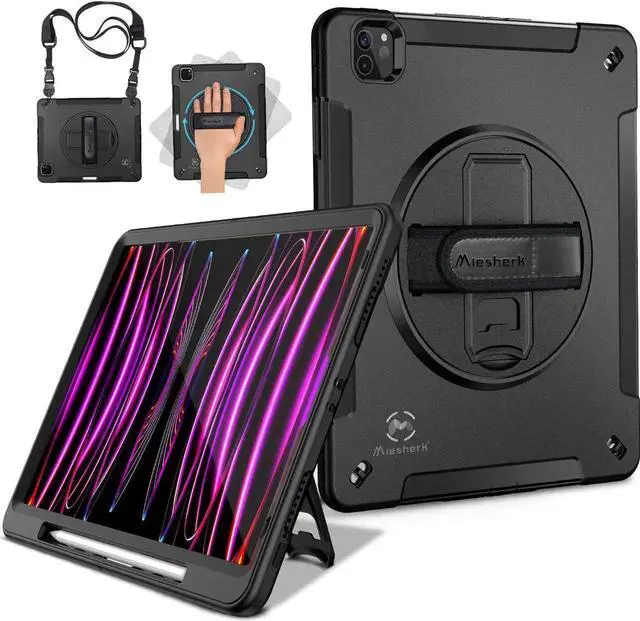 Main image of JAENFONG iPad Pro 12.9 Case 2021/2020 with Pencil Holder, Case for iPad Pro 12.9 Inch 5th/4th Generation, Military Grade Shockproof Full-Body Protective Cover+Rotating Stand+Hand/Shoulder Strap, Black