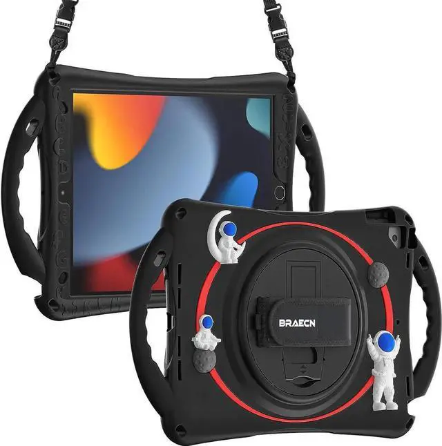 Main image of JAENFONG Cute Cartoon Astronaut Case for iPad 9th 8th 7th Generation 10.2 Inch, Heavy Duty Kids Case with Pencil Holder & Holder Hand Strap Carrying Strap for iPad Air/Pro 10.5 -Black+Red