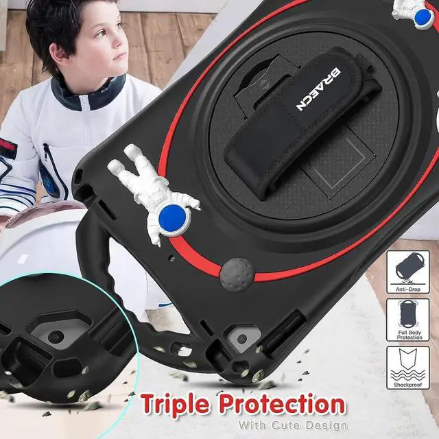 Alt view image 2 of 4 - JAENFONG Cute Cartoon Astronaut Case for iPad 9th 8th 7th Generation 10.2 Inch, Heavy Duty Kids Case with Pencil Holder & Holder Hand Strap Carrying Strap for iPad Air/Pro 10.5 -Black+Red