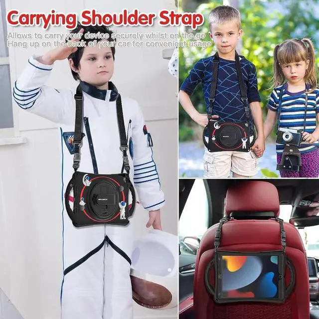 Alt view image 3 of 4 - JAENFONG Cute Cartoon Astronaut Case for iPad 9th 8th 7th Generation 10.2 Inch, Heavy Duty Kids Case with Pencil Holder & Holder Hand Strap Carrying Strap for iPad Air/Pro 10.5 -Black+Red