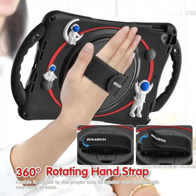 Alt view image 4 of 4 - JAENFONG Cute Cartoon Astronaut Case for iPad 9th 8th 7th Generation 10.2 Inch, Heavy Duty Kids Case with Pencil Holder & Holder Hand Strap Carrying Strap for iPad Air/Pro 10.5 -Black+Red