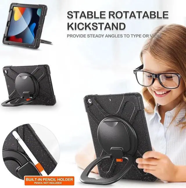 Alt view image 5 of 6 - JAENFONGiPad 9th 8th 7th Generation 10.2 Inch 2021 2020 2019 Case Kids, Shockproof Silicone Case with Screen Protector, Pencil Cap Holder, Shoulder Strap, Handle Grip, Kickstand-Carnival Night (Black)