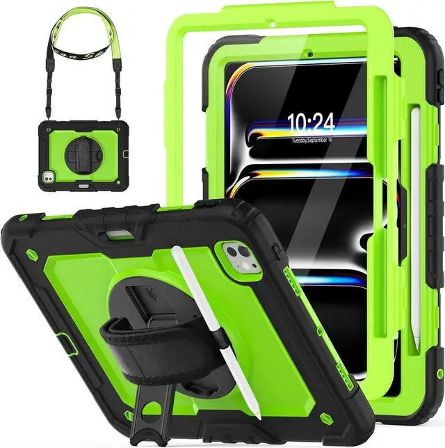 Main image of JAENFONG Case for iPad Pro 11 inch 2024 (M4), Shockproof Design with Pencil Holder/Screen Protector/Rotating Hand Strap Stand, Protective Cover for iPad Pro11 5th Gen (A2836, A2837, A3006) - Green