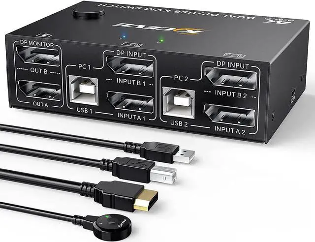 Main image of Displayport KVM Switch Dual Monitor, DisplayPort1.4 KVM 8K@30Hz 4K@144Hz 2 in 2 Out,DP Extended Display KVM Switch for 2 Computers Share 2 Monitors and 4 USB 2.0 Ports,Wired Remote and 4 Cables