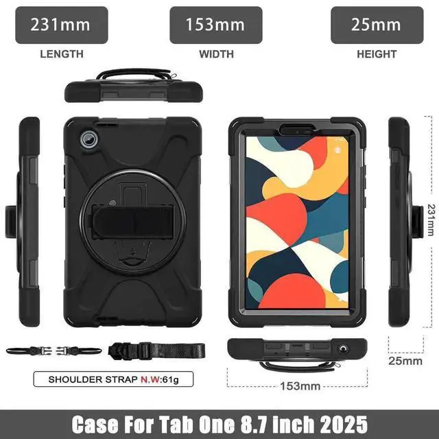 Alt view image 6 of 7 - Compatible with Len-ovo Tab One 8.7 inch/K9 TB305FU (2025) Case with Screen Protector Heavy Duty Shockproof Protective Case Drop-Proof Cover Swivel Kickstand+Handle+Strapp Silicone Cover(Black)