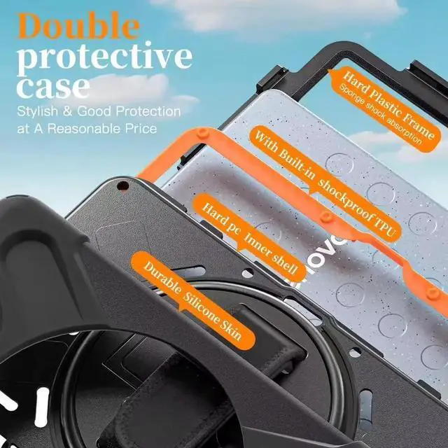 Alt view image 2 of 7 - Compatible with Len-ovo Tab One 8.7 inch/K9 TB305FU (2025) Case with Screen Protector Heavy Duty Shockproof Protective Case Drop-Proof Cover Swivel Kickstand+Handle+Strapp Silicone Cover(Black)