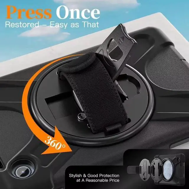 Alt view image 7 of 7 - Compatible with Len-ovo Tab One 8.7 inch/K9 TB305FU (2025) Case with Screen Protector Heavy Duty Shockproof Protective Case Drop-Proof Cover Swivel Kickstand+Handle+Strapp Silicone Cover(Black)