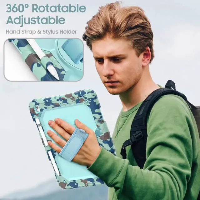 Alt view image 2 of 5 - Case for iPad 9th/ 8th/ 7th Generation 10.2'', Shockproof with Screen Protector, Pencil Holder [360° Rotating Hand Strap] & Stand, for iPad 10.2 inch 2021-2019 (Camo Blue)