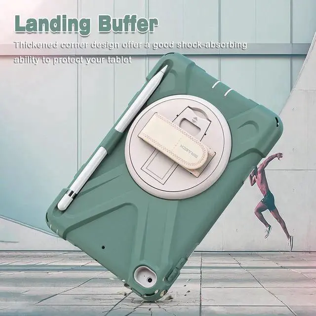 Alt view image 2 of 5 - Kids Case for Apple iPad Mini 5/4,Protective Rugged Shockproof Case with Swivel Kickstand, Adjustable Hand Strap, Built-in Pencil Holder, Shoulder Strap for iPad Mini 5th / 4th-Emerald Green