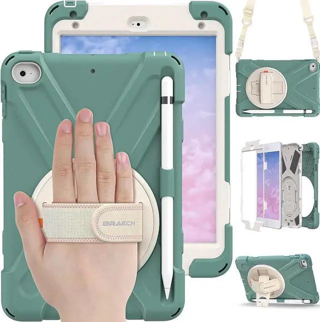 Main image of Kids Case for Apple iPad Mini 5/4,Protective Rugged Shockproof Case with Swivel Kickstand, Adjustable Hand Strap, Built-in Pencil Holder, Shoulder Strap for iPad Mini 5th / 4th-Emerald Green