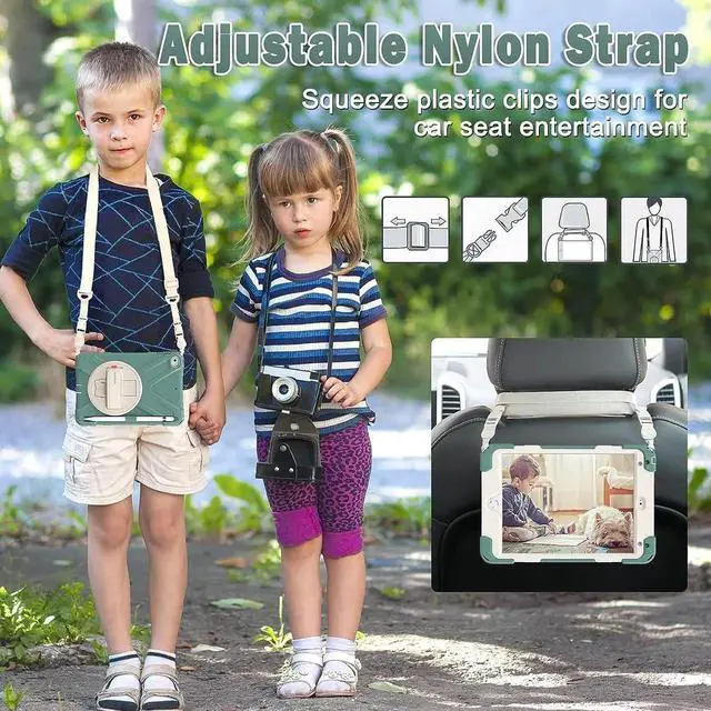 Alt view image 5 of 5 - Kids Case for Apple iPad Mini 5/4,Protective Rugged Shockproof Case with Swivel Kickstand, Adjustable Hand Strap, Built-in Pencil Holder, Shoulder Strap for iPad Mini 5th / 4th-Emerald Green