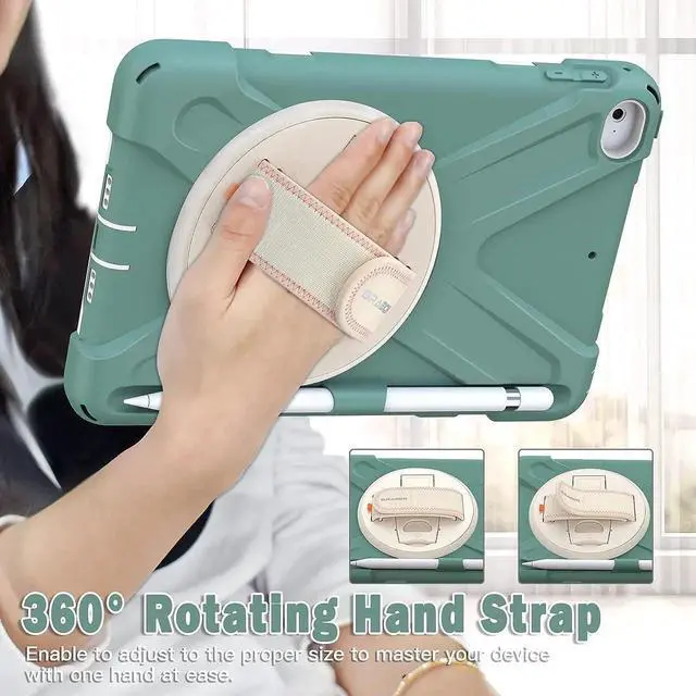 Alt view image 4 of 5 - Kids Case for Apple iPad Mini 5/4,Protective Rugged Shockproof Case with Swivel Kickstand, Adjustable Hand Strap, Built-in Pencil Holder, Shoulder Strap for iPad Mini 5th / 4th-Emerald Green