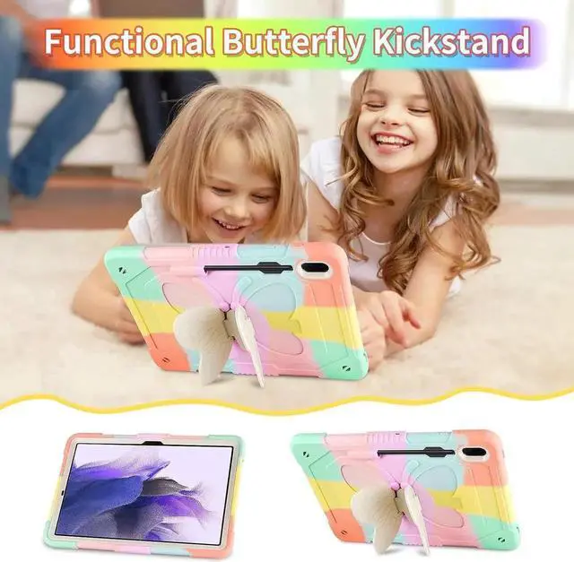 Alt view image 2 of 5 - for Samsung Galaxy Tab S8 Plus/S7 FE Case 12.4 inch with Screen Protector/Butterfly Kickstand/Lanyard/Keychain/Pencil Holder Rugged Case for Kids Girls for S8 Plus/S7 FE /S7 Plus Rose Gold