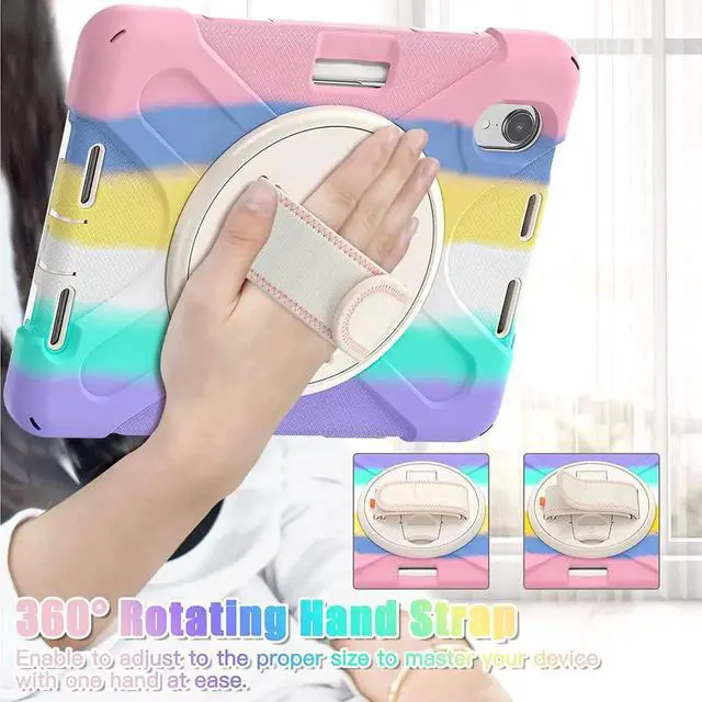 Alt view image 4 of 7 - JAENFONG New iPad Mini 6 Case 2021, Shockproof Rugged Mini 6 Case A2567/A2568/A2569 with Pencil Holder Kickstand Hand Strap Carrying Shoulder Belt for iPad Mini 6 Tablet,Colorful Pink