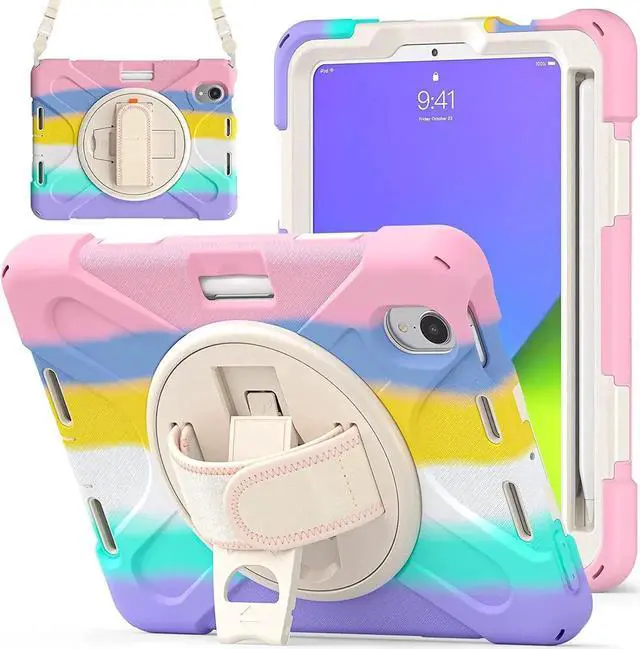 Main image of JAENFONG New iPad Mini 6 Case 2021, Shockproof Rugged Mini 6 Case A2567/A2568/A2569 with Pencil Holder Kickstand Hand Strap Carrying Shoulder Belt for iPad Mini 6 Tablet,Colorful Pink