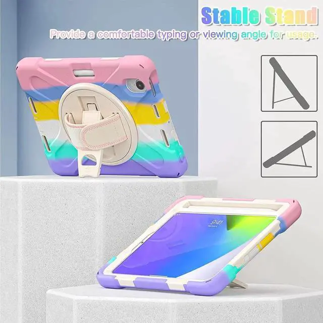 Alt view image 7 of 7 - JAENFONG New iPad Mini 6 Case 2021, Shockproof Rugged Mini 6 Case A2567/A2568/A2569 with Pencil Holder Kickstand Hand Strap Carrying Shoulder Belt for iPad Mini 6 Tablet,Colorful Pink