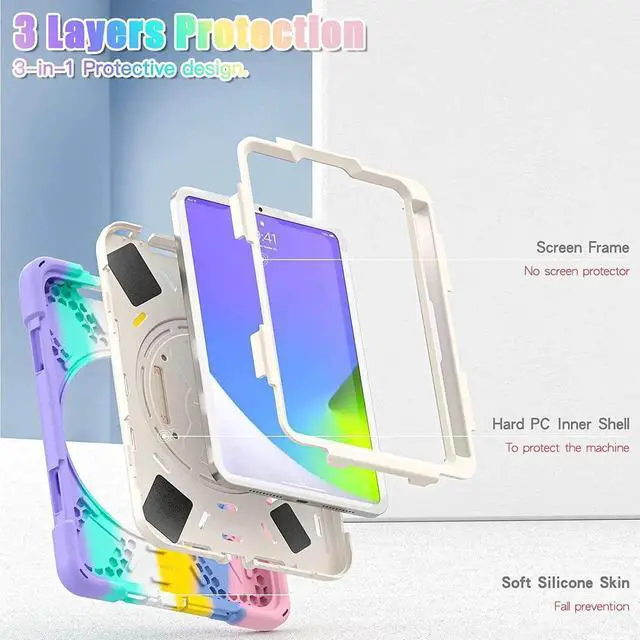 Alt view image 2 of 7 - JAENFONG New iPad Mini 6 Case 2021, Shockproof Rugged Mini 6 Case A2567/A2568/A2569 with Pencil Holder Kickstand Hand Strap Carrying Shoulder Belt for iPad Mini 6 Tablet,Colorful Pink