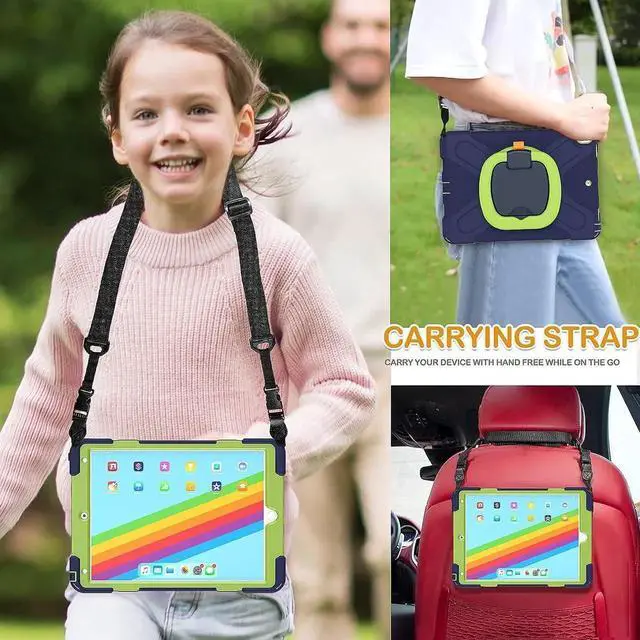 Alt view image 3 of 6 - JAENFONG iPad Air 3 10.5 Inch 2019 Case, Hybrid Shockproof Rugged Silicone Case with Pencil Holder, Folding Hand Grip, Stable Kickstand,Carrying Shoulder Strap for iPad Pro 10.5 2017 Tablet-Navy+Green