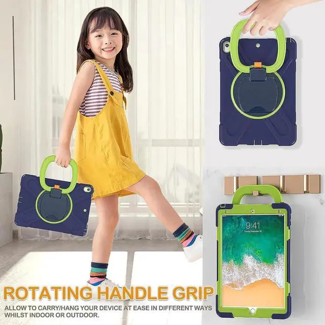 Alt view image 6 of 6 - JAENFONG iPad Air 3 10.5 Inch 2019 Case, Hybrid Shockproof Rugged Silicone Case with Pencil Holder, Folding Hand Grip, Stable Kickstand,Carrying Shoulder Strap for iPad Pro 10.5 2017 Tablet-Navy+Green