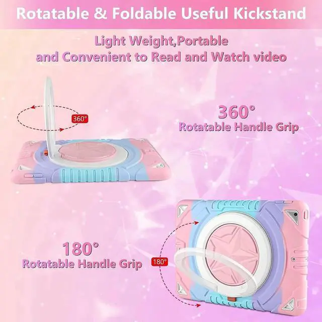 Alt view image 5 of 6 - JAENFONG for iPad 9th Generation Case 8th 7th Generation Case with Stylus Pen, 360 Rotating Stand, Pencil Holder, Shoulder Strap Heavy Duty Rugged Kids for iPad 10.2 Case 2021 2020 2019 Rose Pink