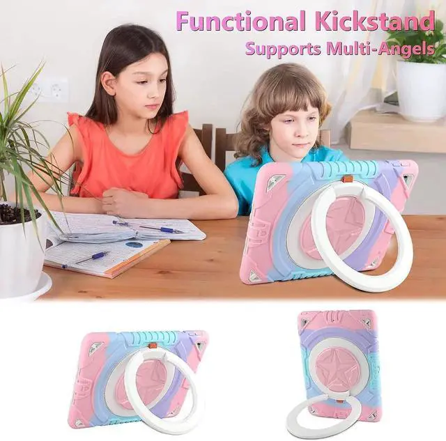 Alt view image 2 of 6 - JAENFONG for iPad 9th Generation Case 8th 7th Generation Case with Stylus Pen, 360 Rotating Stand, Pencil Holder, Shoulder Strap Heavy Duty Rugged Kids for iPad 10.2 Case 2021 2020 2019 Rose Pink