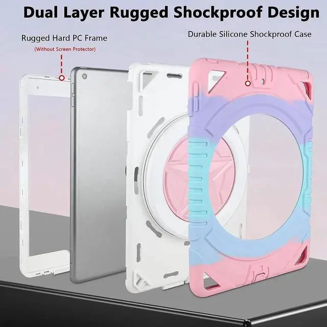 Alt view image 3 of 6 - JAENFONG for iPad 9th Generation Case 8th 7th Generation Case with Stylus Pen, 360 Rotating Stand, Pencil Holder, Shoulder Strap Heavy Duty Rugged Kids for iPad 10.2 Case 2021 2020 2019 Rose Pink