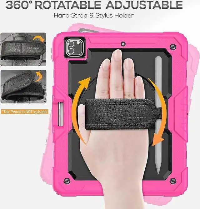 Alt view image 4 of 5 - JAENFONG iPad Pro 12.9 Case 2022/2021/ 2020/2018, Heavy Duty Protection Shockproof Case with Screen Protector, Rotating Stand/Handle/Shoulder Strap/Pencil Holder for iPad 12.9 Inch, Pink