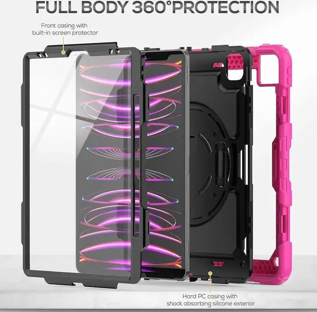Alt view image 3 of 5 - JAENFONG iPad Pro 12.9 Case 2022/2021/ 2020/2018, Heavy Duty Protection Shockproof Case with Screen Protector, Rotating Stand/Handle/Shoulder Strap/Pencil Holder for iPad 12.9 Inch, Pink