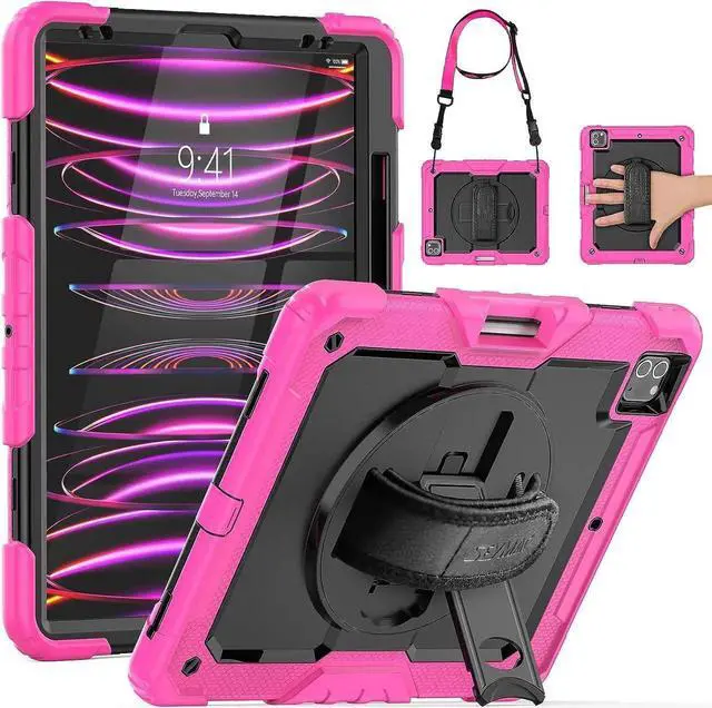 Main image of JAENFONG iPad Pro 12.9 Case 2022/2021/ 2020/2018, Heavy Duty Protection Shockproof Case with Screen Protector, Rotating Stand/Handle/Shoulder Strap/Pencil Holder for iPad 12.9 Inch, Pink