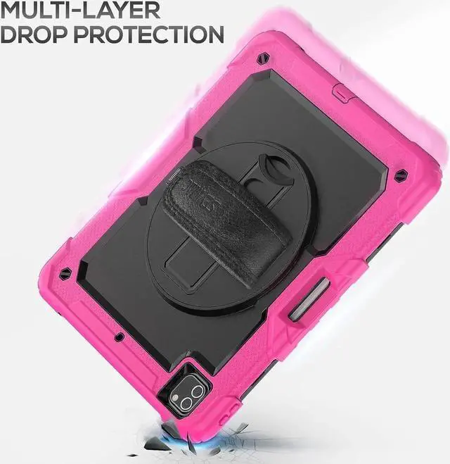 Alt view image 5 of 5 - JAENFONG iPad Pro 12.9 Case 2022/2021/ 2020/2018, Heavy Duty Protection Shockproof Case with Screen Protector, Rotating Stand/Handle/Shoulder Strap/Pencil Holder for iPad 12.9 Inch, Pink
