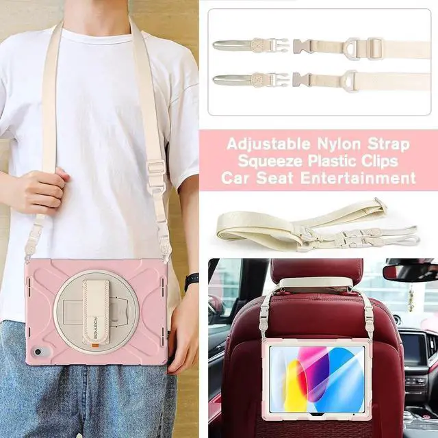 Alt view image 2 of 7 - JAENFONG iPad 10 Gen 10.9 Inch Case 2022, Three Layer Hybrid Kids Boys Girls Case with Shoulder Strap, Hand Strap, Stand, Screen Protector, Pencil Holder for Apple iPad 10 Gen -Sakura Pink