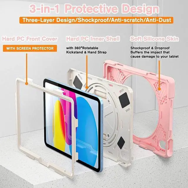 Alt view image 4 of 7 - JAENFONG iPad 10 Gen 10.9 Inch Case 2022, Three Layer Hybrid Kids Boys Girls Case with Shoulder Strap, Hand Strap, Stand, Screen Protector, Pencil Holder for Apple iPad 10 Gen -Sakura Pink