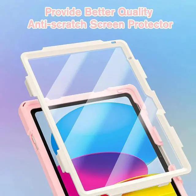 Alt view image 6 of 7 - JAENFONG iPad 10 Gen 10.9 Inch Case 2022, Three Layer Hybrid Kids Boys Girls Case with Shoulder Strap, Hand Strap, Stand, Screen Protector, Pencil Holder for Apple iPad 10 Gen -Sakura Pink