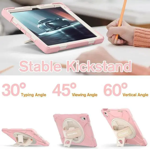 Alt view image 7 of 7 - JAENFONG iPad 10 Gen 10.9 Inch Case 2022, Three Layer Hybrid Kids Boys Girls Case with Shoulder Strap, Hand Strap, Stand, Screen Protector, Pencil Holder for Apple iPad 10 Gen -Sakura Pink