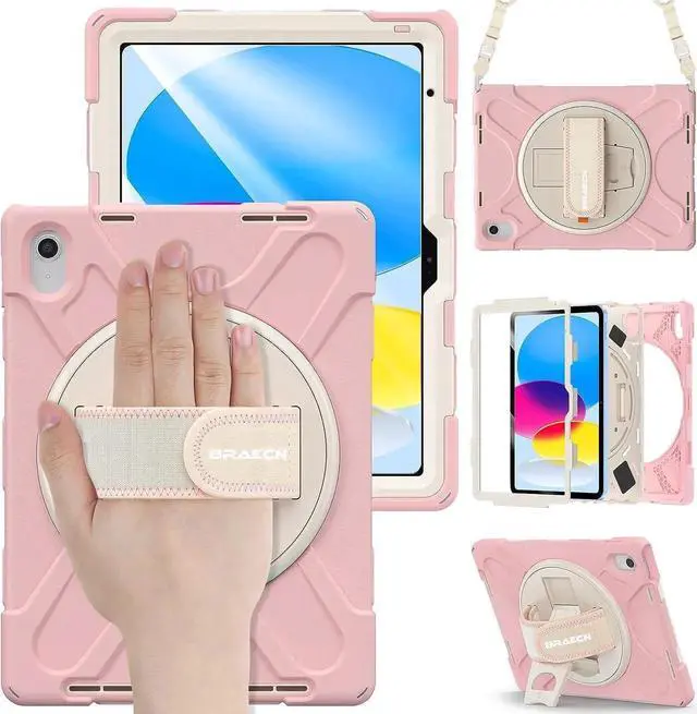 Main image of JAENFONG iPad 10 Gen 10.9 Inch Case 2022, Three Layer Hybrid Kids Boys Girls Case with Shoulder Strap, Hand Strap, Stand, Screen Protector, Pencil Holder for Apple iPad 10 Gen -Sakura Pink